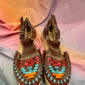 Brown and Red Moccasins with Intricate Woven Design